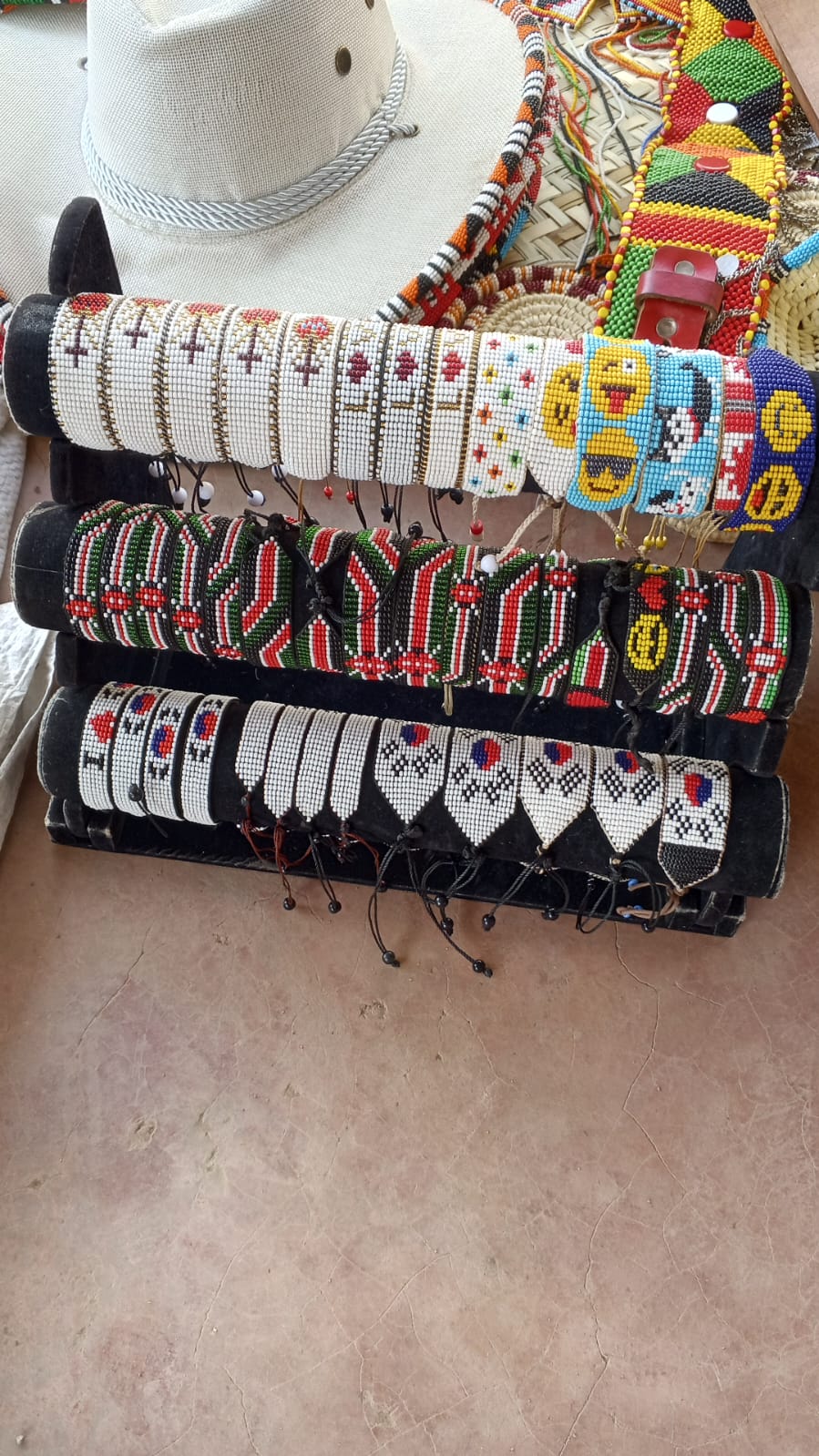 Handmade beadwork products displayed for sale